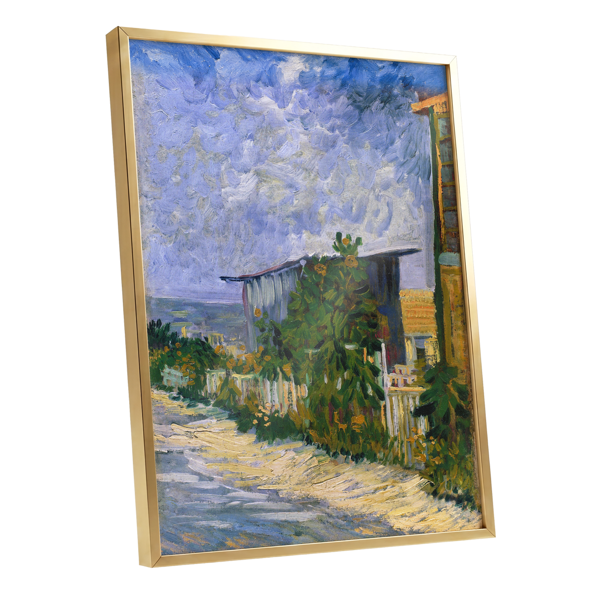 A Lane in Bloom, blue, green, yellow nature wall art shown as a gold framed poster wall art print