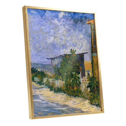 A Lane in Bloom, blue, green, yellow nature wall art shown as a gold framed poster wall art print
