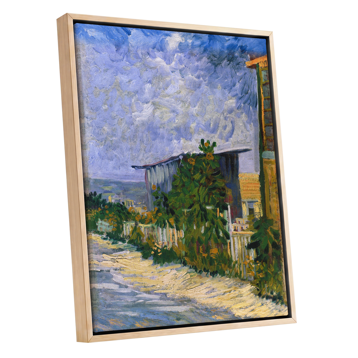 A Lane in Bloom, blue, green, yellow nature wall art shown as a oak framed canvas wall art