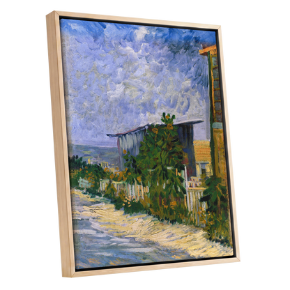 A Lane in Bloom, blue, green, yellow nature wall art shown as a oak framed canvas wall art