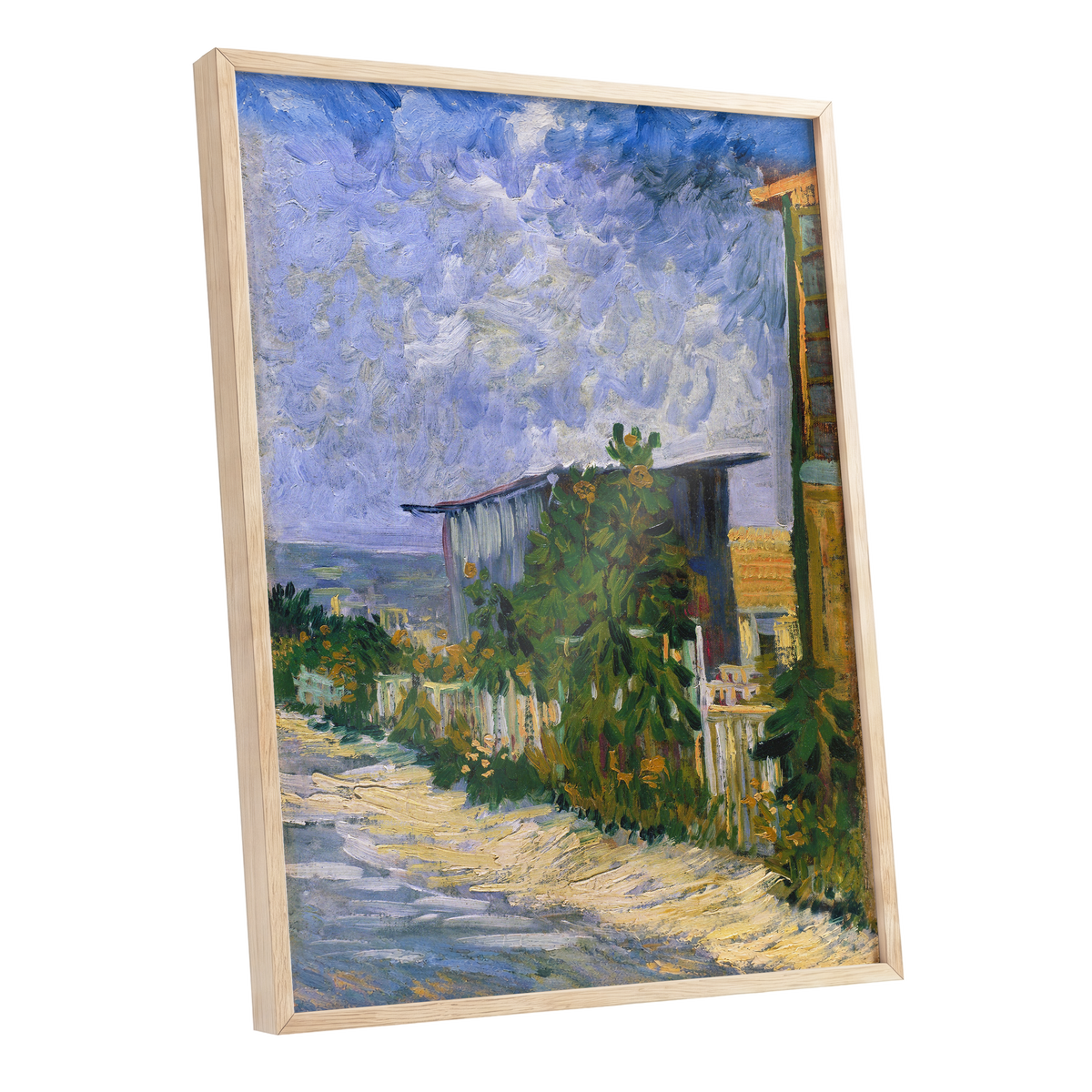 A Lane in Bloom, blue, green, yellow nature wall art shown as a oak framed poster wall art print