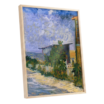 A Lane in Bloom, blue, green, yellow nature wall art shown as a oak framed poster wall art print