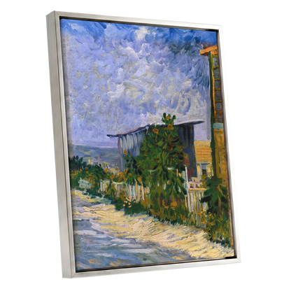 A Lane in Bloom, blue, green, yellow nature wall art shown as a silver framed canvas wall art