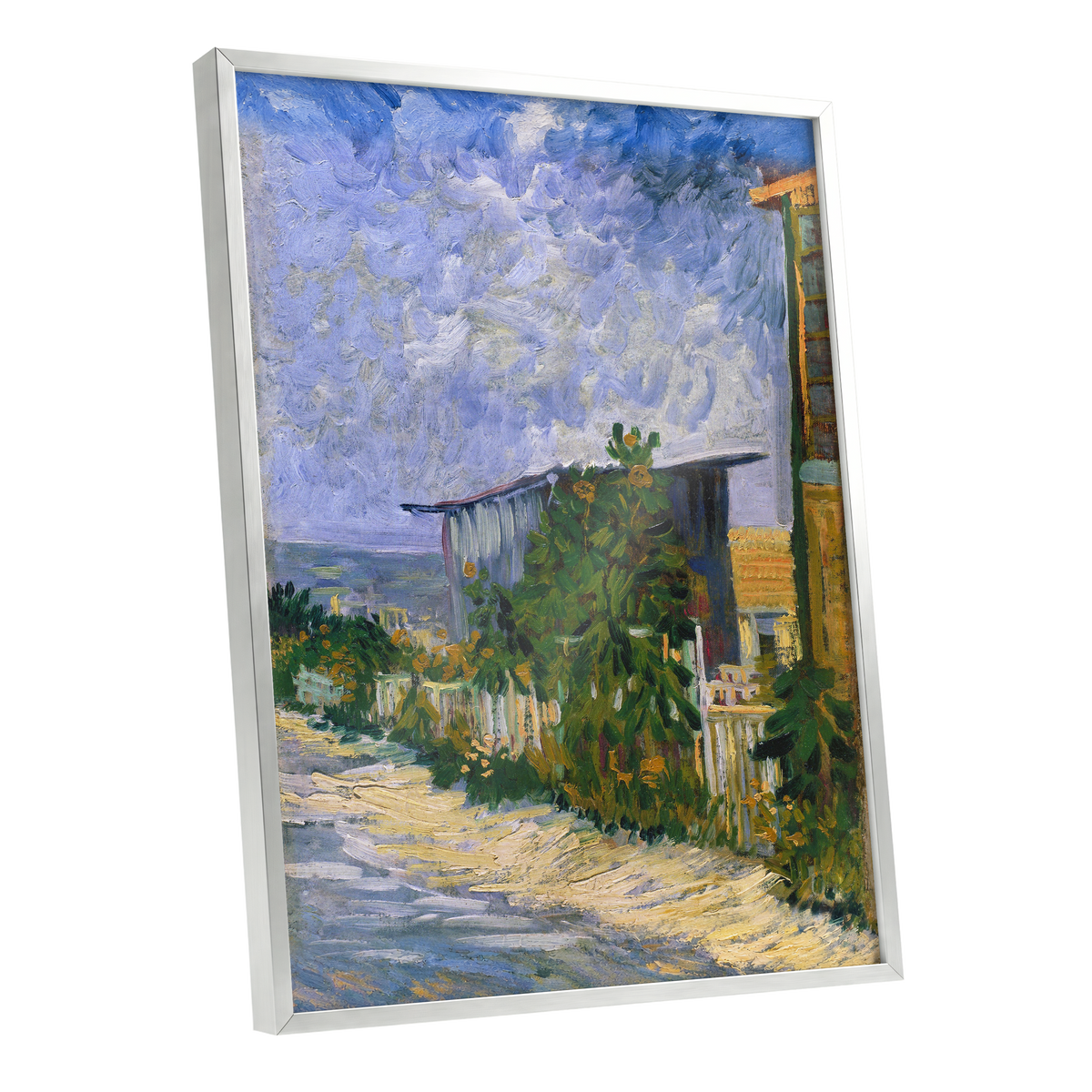 A Lane in Bloom, blue, green, yellow nature wall art shown as a silver framed poster wall art print