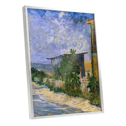 A Lane in Bloom, blue, green, yellow nature wall art shown as a silver framed poster wall art print