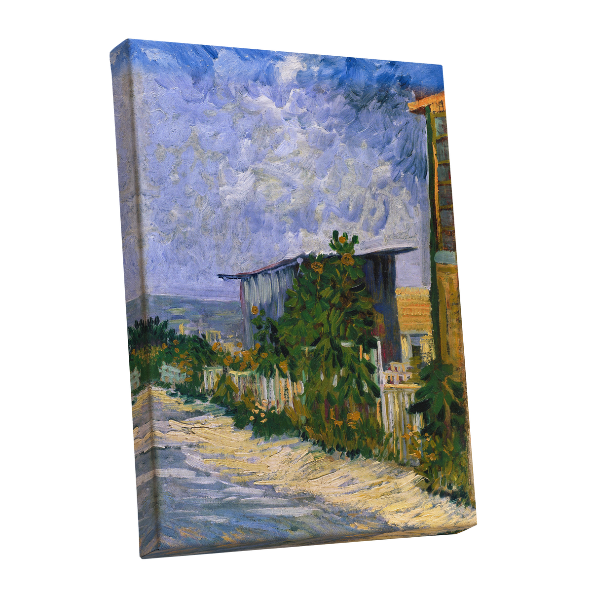 A Lane in Bloom, blue, green, yellow nature wall art shown as a stretched canvas wall art