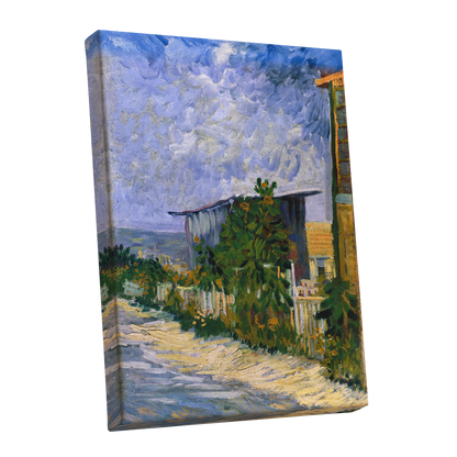 A Lane in Bloom, blue, green, yellow nature wall art shown as a stretched canvas wall art