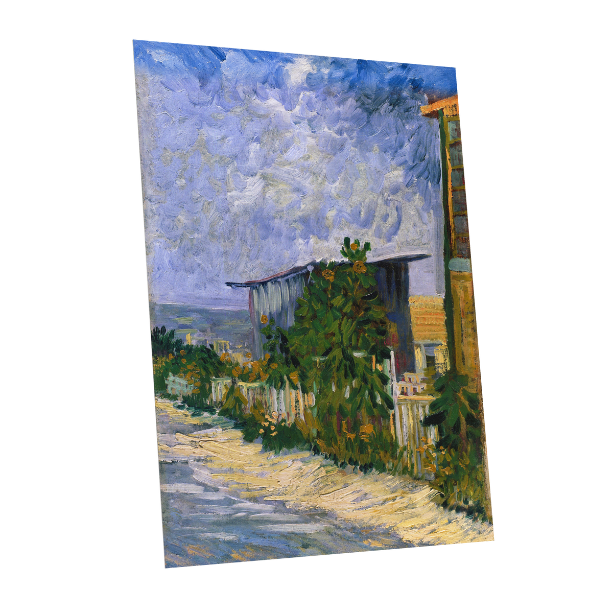 A Lane in Bloom, blue, green, yellow nature wall art shown as a unframed poster wall art print
