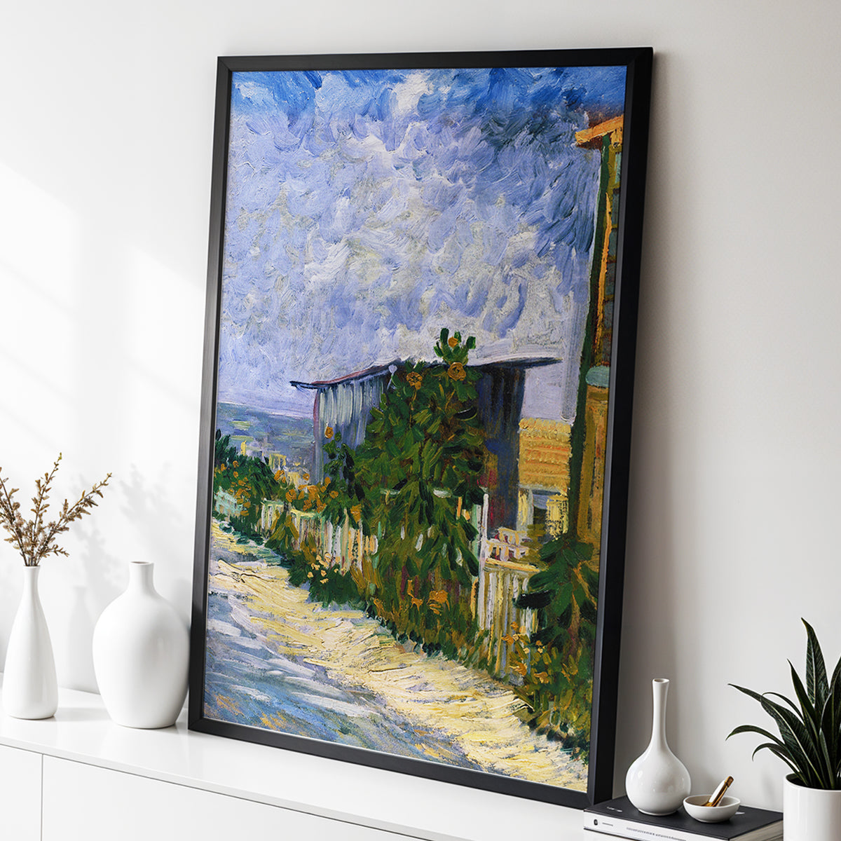 A Lane in Bloom, blue, green, yellow nature wall art displayed in a styled interior, gallery view 2