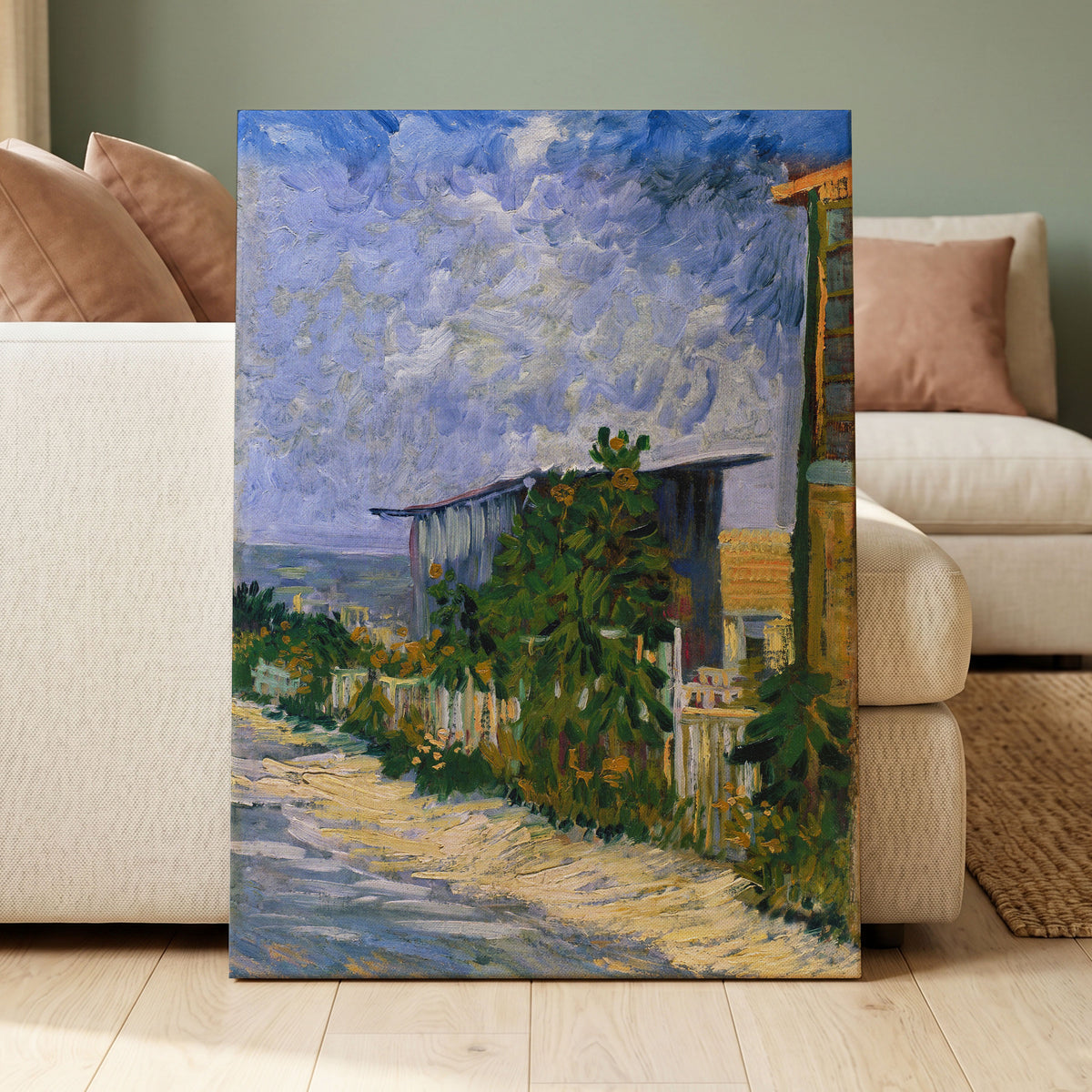 A Lane in Bloom, blue, green, yellow nature wall art displayed in a styled interior, gallery view 3