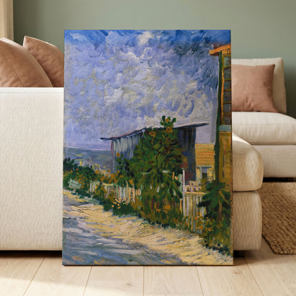 A Lane in Bloom, blue, green, yellow nature wall art displayed in a styled interior, gallery view 3