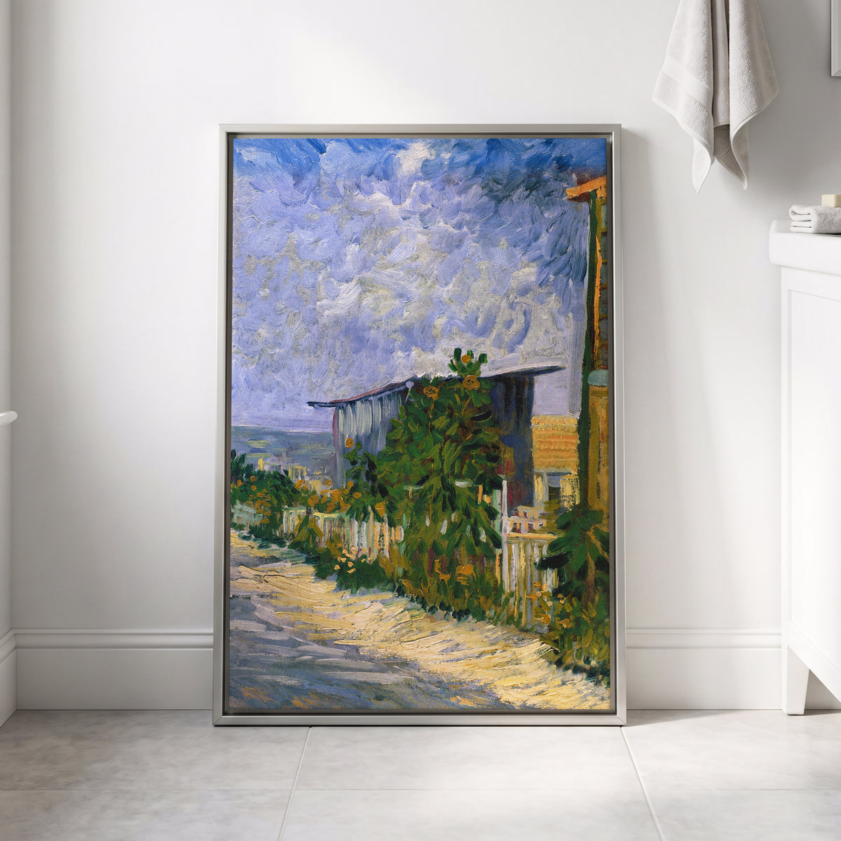 A Lane in Bloom, blue, green, yellow nature wall art displayed in a styled interior, gallery view 4