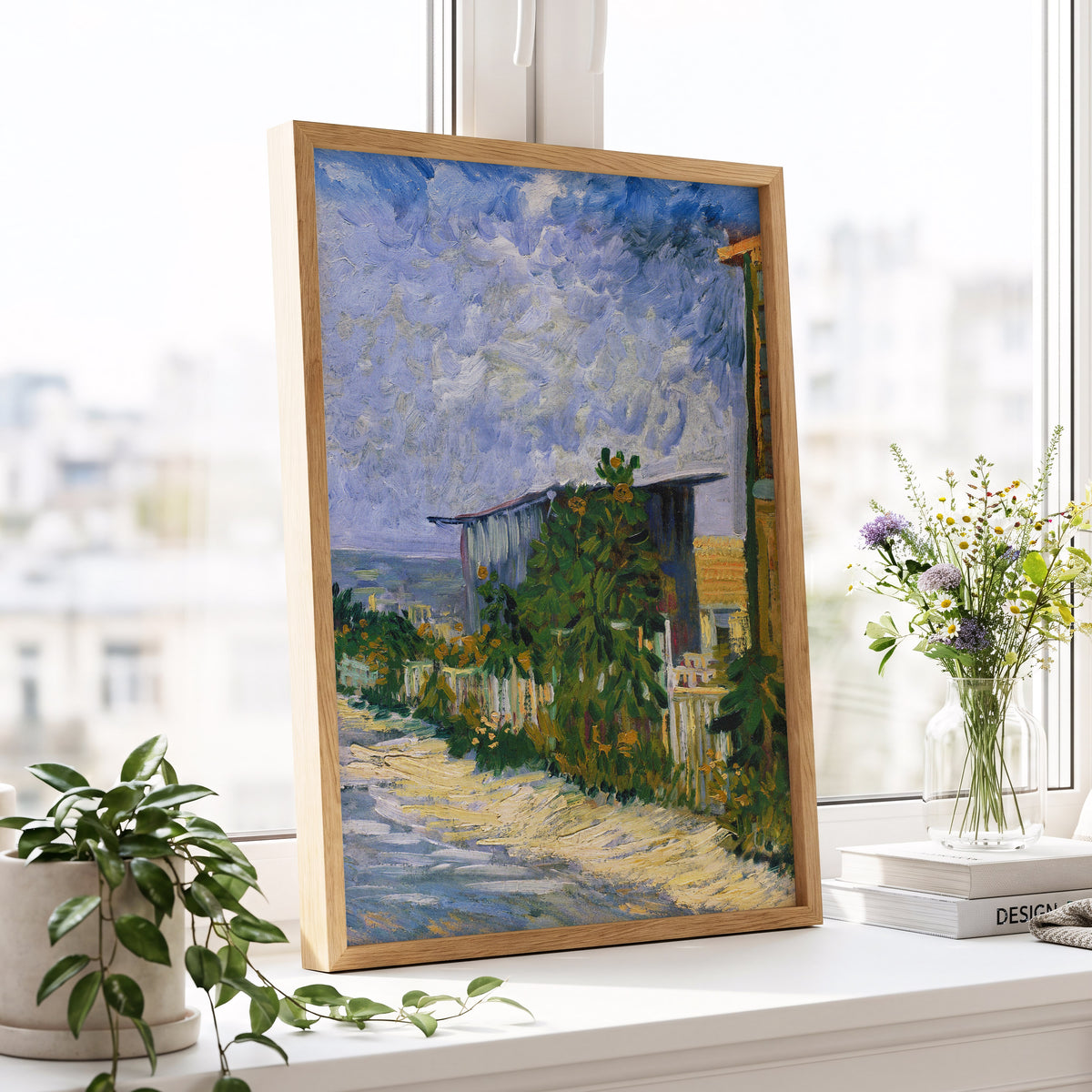 A Lane in Bloom, blue, green, yellow nature wall art displayed in a styled interior, gallery view 6