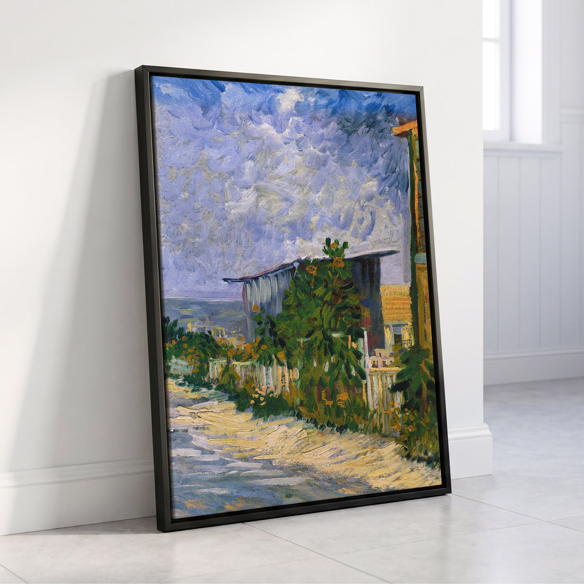 A Lane in Bloom, blue, green, yellow nature wall art displayed in a styled interior, gallery view 8