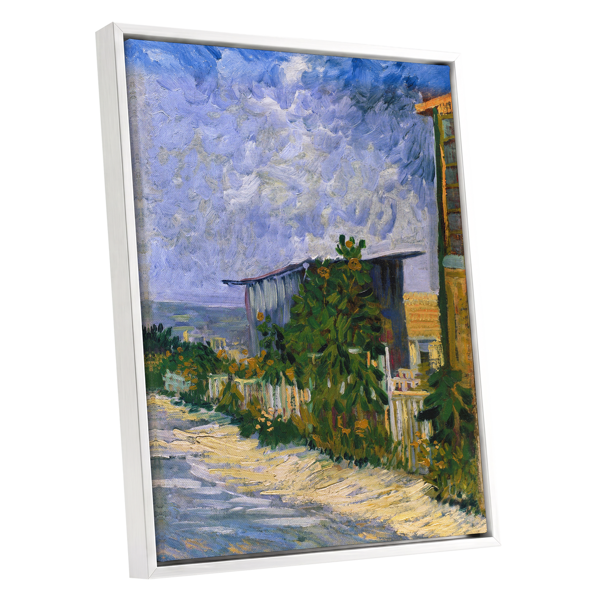 A Lane in Bloom, blue, green, yellow nature wall art shown as a white framed canvas wall art