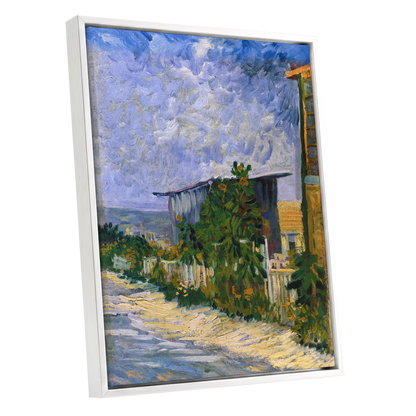A Lane in Bloom, blue, green, yellow nature wall art shown as a white framed canvas wall art