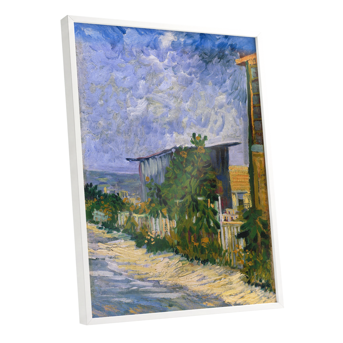 A Lane in Bloom, blue, green, yellow nature wall art shown as a white framed poster wall art print