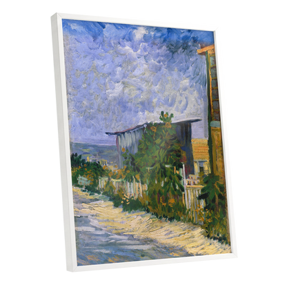 A Lane in Bloom, blue, green, yellow nature wall art shown as a white framed poster wall art print