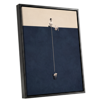 A Little Lift, blue, beige, black minimalist wall art shown as a black framed canvas wall art