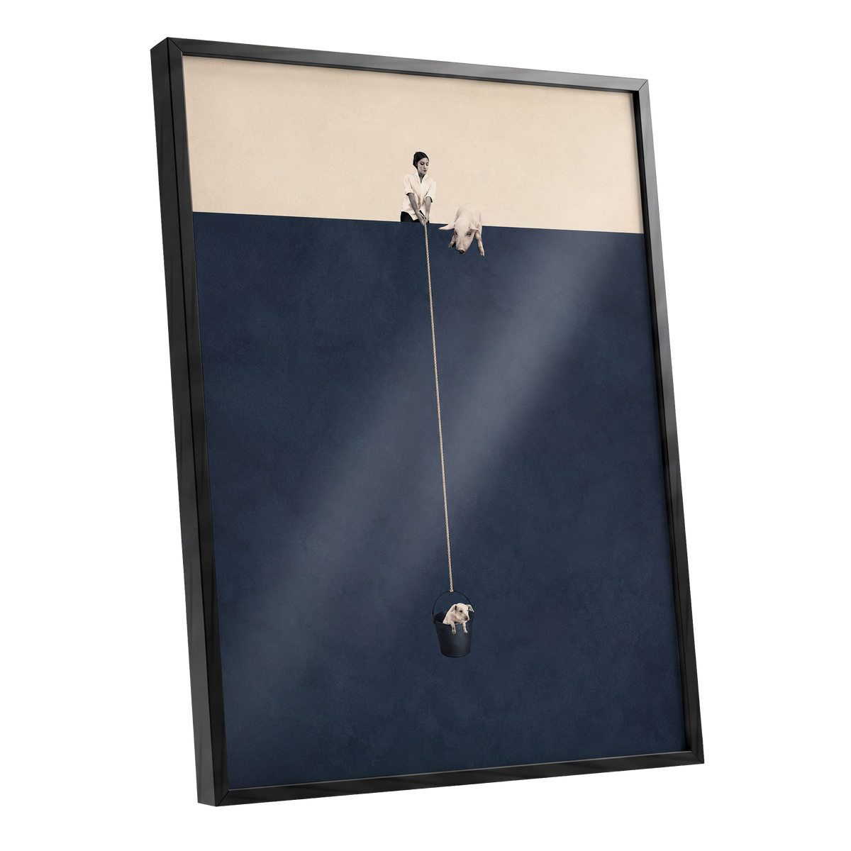 A Little Lift, blue, beige, black minimalist wall art shown as a black framed poster wall art print