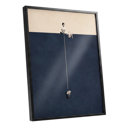 A Little Lift, blue, beige, black minimalist wall art shown as a black framed poster wall art print