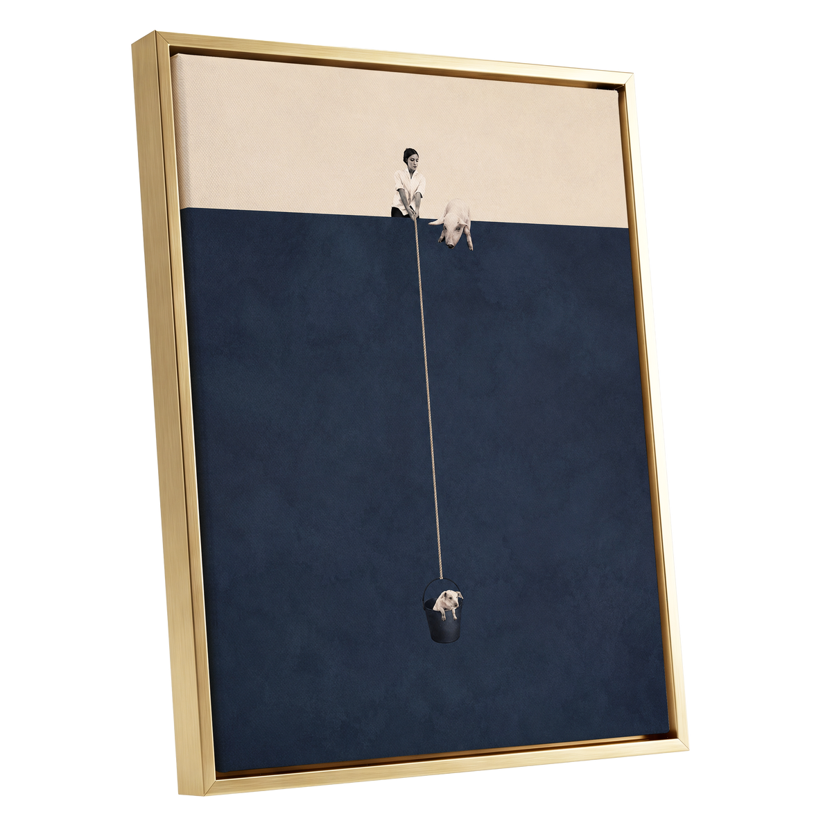 A Little Lift, blue, beige, black minimalist wall art shown as a gold framed canvas wall art