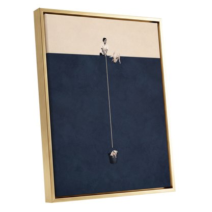 A Little Lift, blue, beige, black minimalist wall art shown as a gold framed canvas wall art