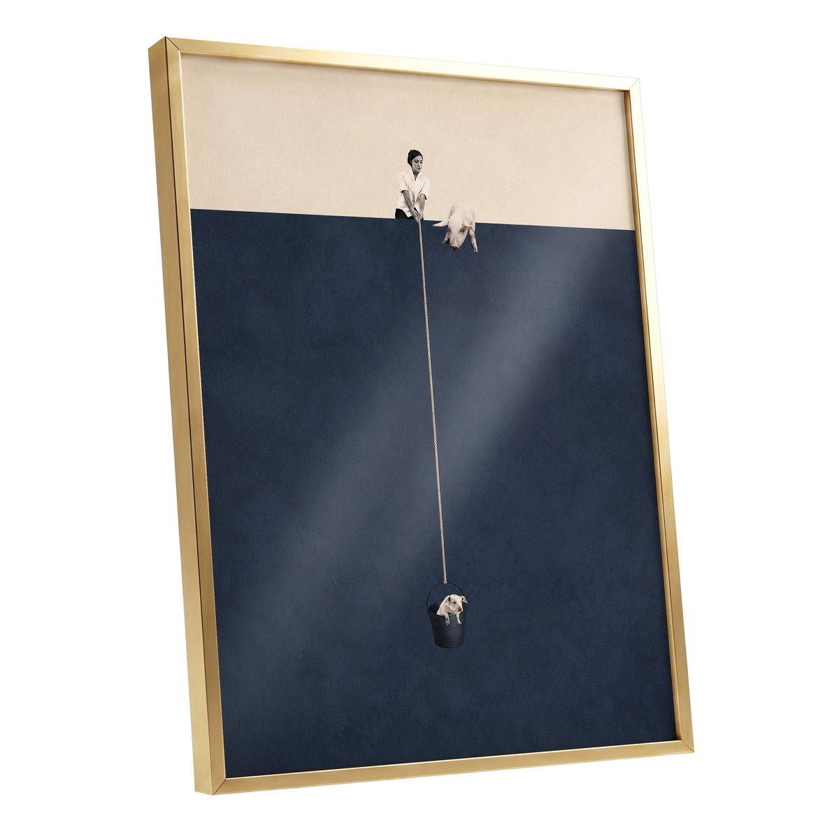 A Little Lift, blue, beige, black minimalist wall art shown as a gold framed poster wall art print