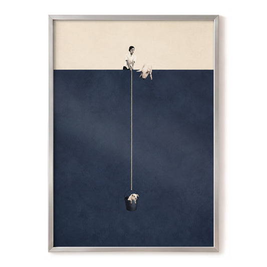 A Little Lift, blue, beige, black minimalist wall art, front artwork view