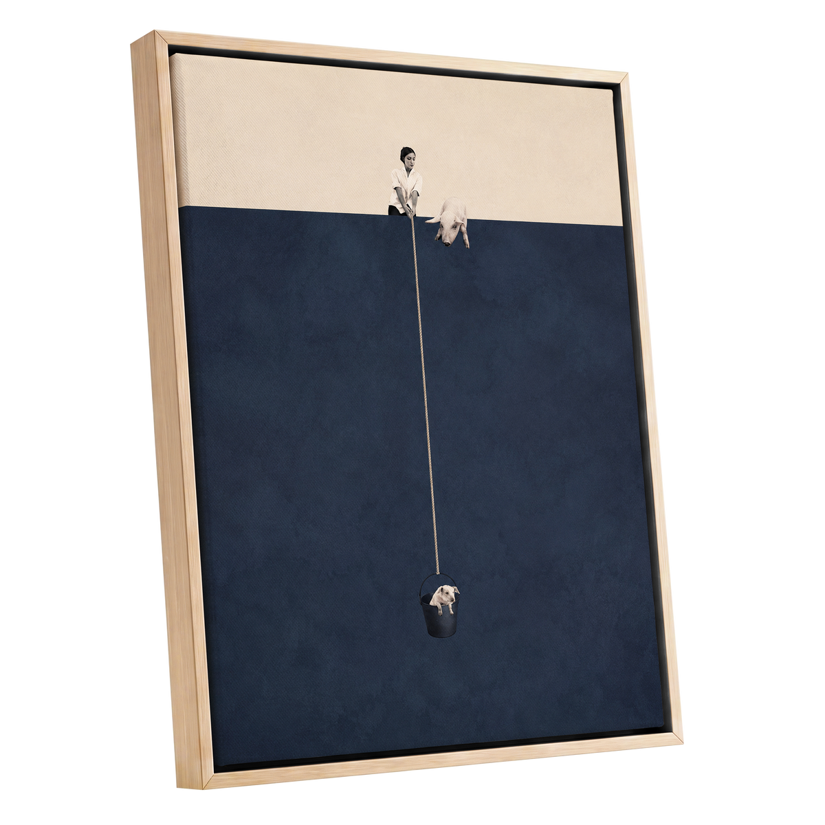 A Little Lift, blue, beige, black minimalist wall art shown as a oak framed canvas wall art