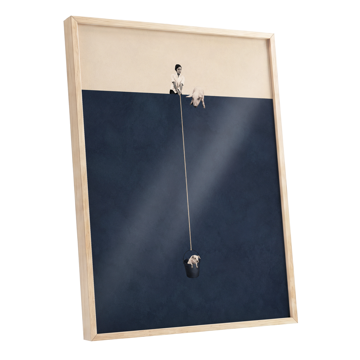 A Little Lift, blue, beige, black minimalist wall art shown as a oak framed poster wall art print