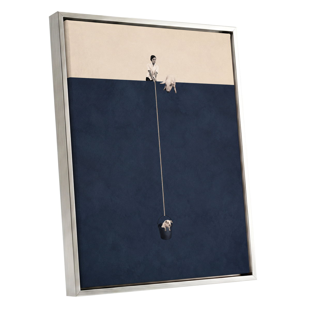A Little Lift, blue, beige, black minimalist wall art shown as a silver framed canvas wall art