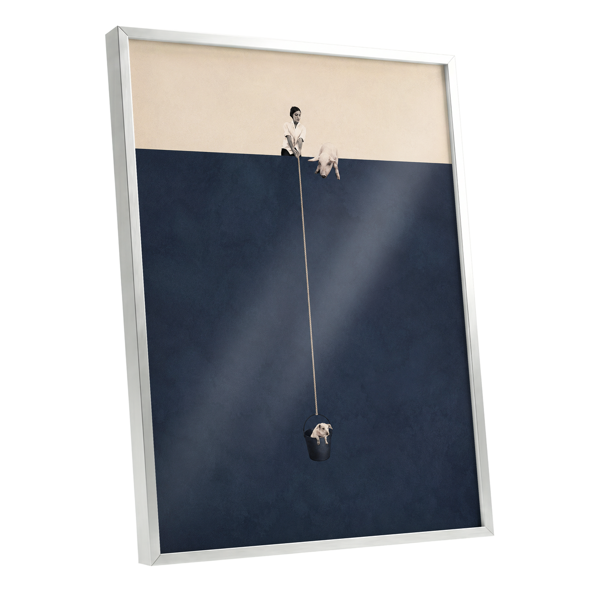 A Little Lift, blue, beige, black minimalist wall art shown as a silver framed poster wall art print