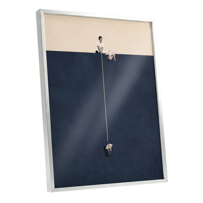 A Little Lift, blue, beige, black minimalist wall art shown as a silver framed poster wall art print