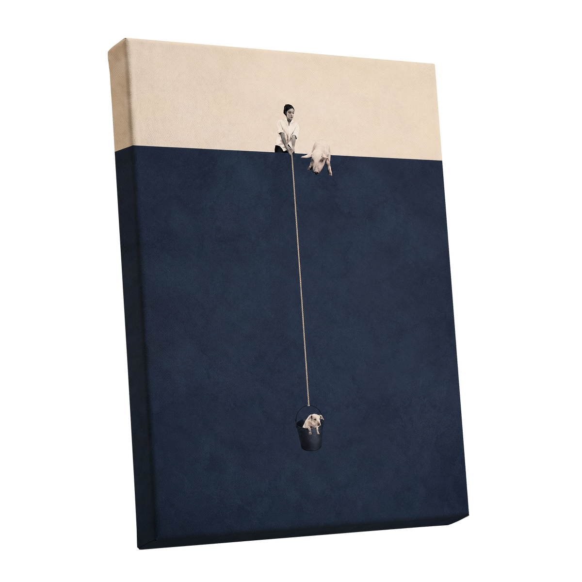 A Little Lift, blue, beige, black minimalist wall art shown as a stretched canvas wall art