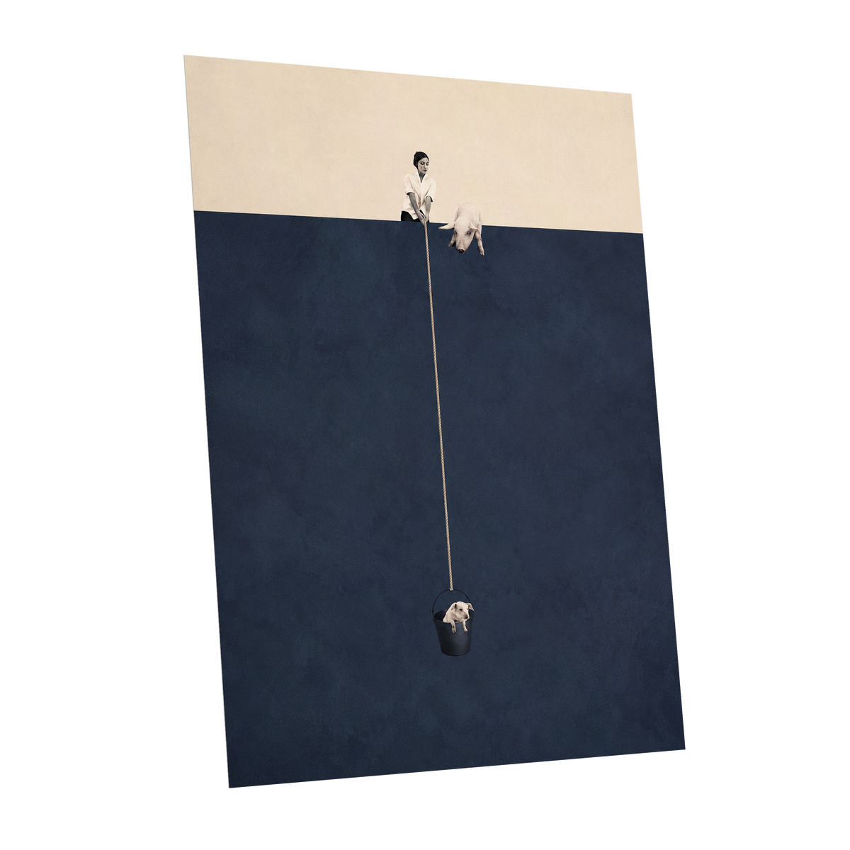 A Little Lift, blue, beige, black minimalist wall art shown as a unframed poster wall art print