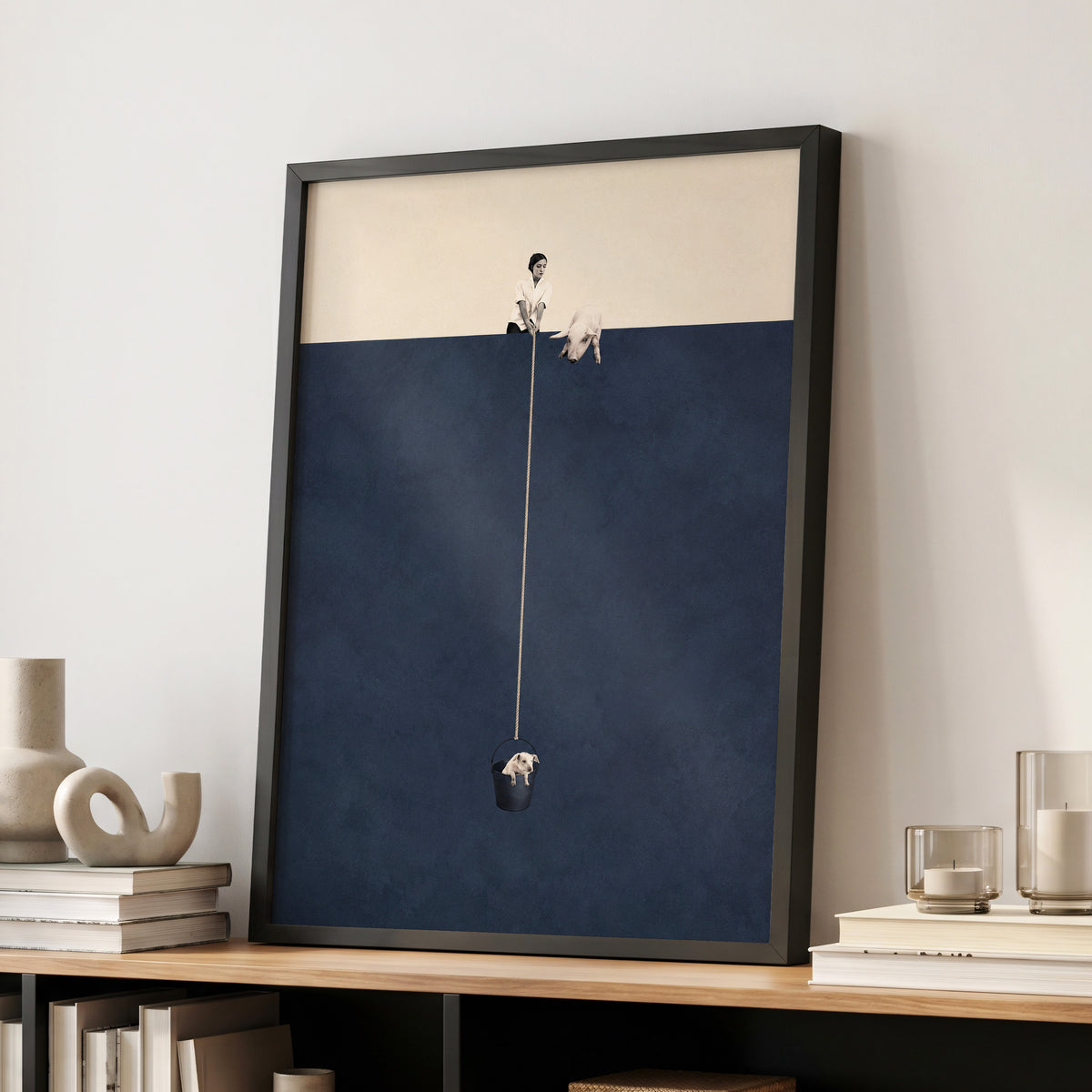 A Little Lift, blue, beige, black minimalist wall art displayed in a styled interior, gallery view 2