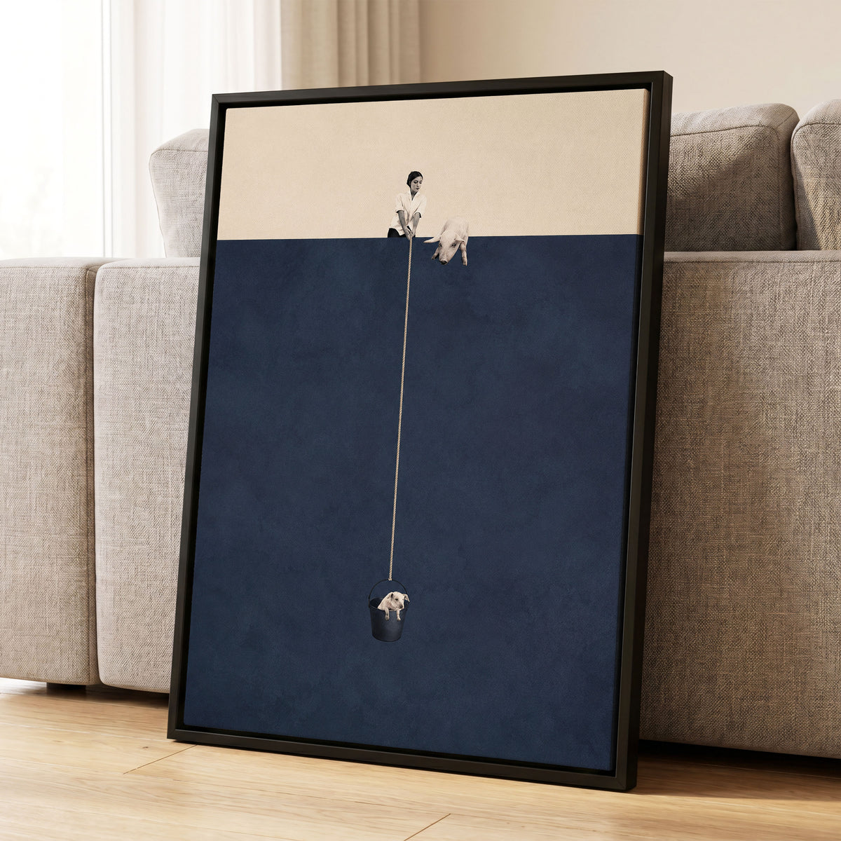 A Little Lift, blue, beige, black minimalist wall art displayed in a styled interior, gallery view 4