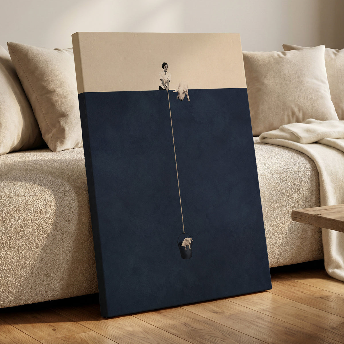 A Little Lift, blue, beige, black minimalist wall art displayed in a styled interior, gallery view 7