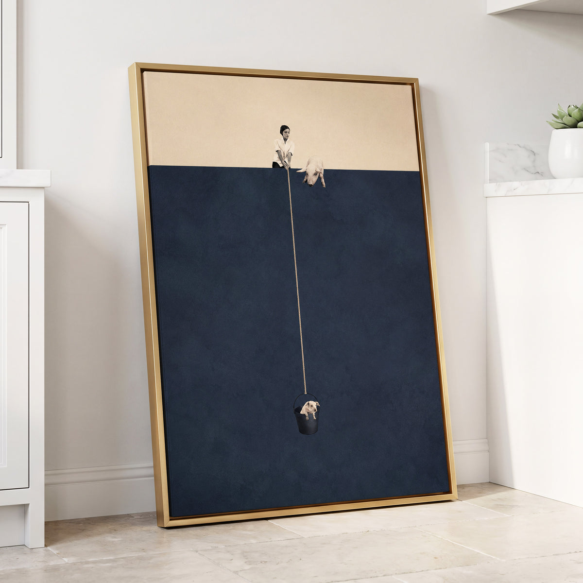 A Little Lift, blue, beige, black minimalist wall art displayed in a styled interior, gallery view 8