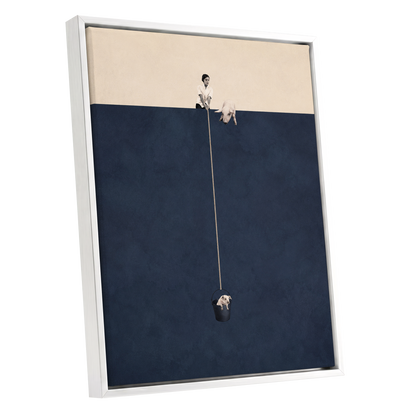 A Little Lift, blue, beige, black minimalist wall art shown as a white framed canvas wall art