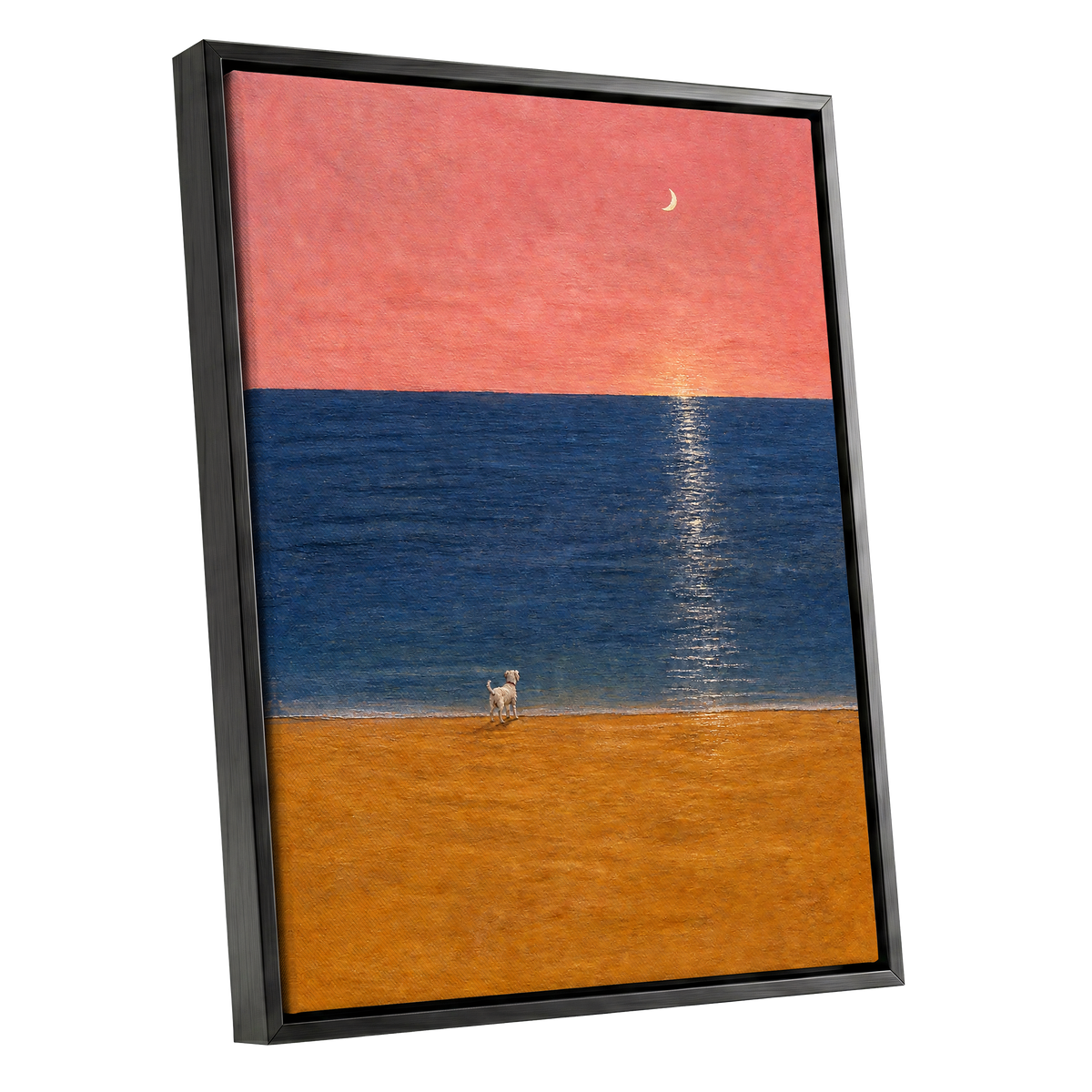 A Little Moonlit Wanderer, pink, blue, orange nature wall art shown as a black framed canvas wall art