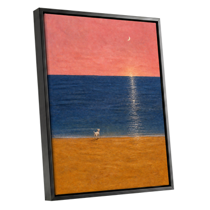 A Little Moonlit Wanderer, pink, blue, orange nature wall art shown as a black framed canvas wall art