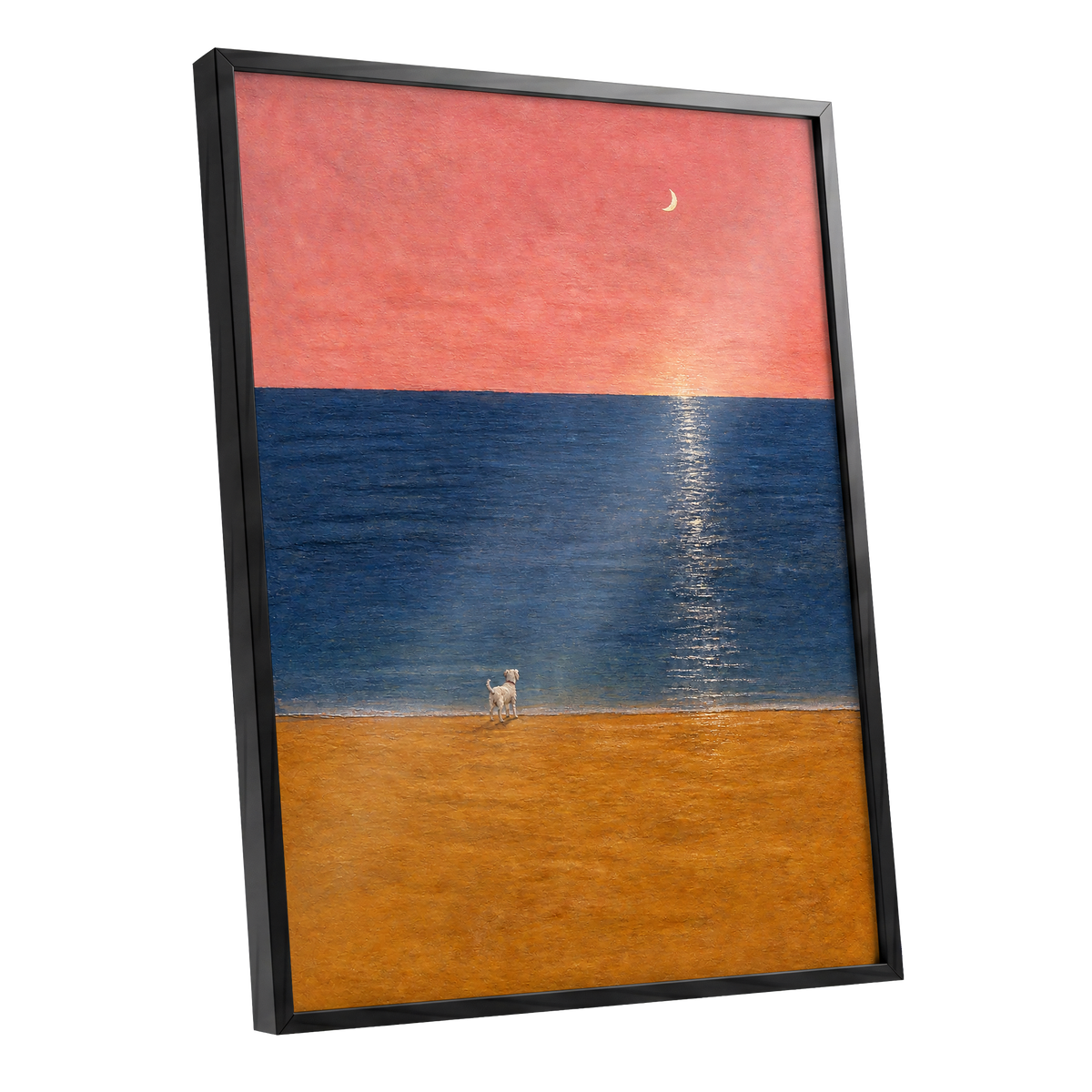 A Little Moonlit Wanderer, pink, blue, orange nature wall art shown as a black framed poster wall art print
