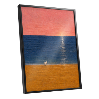 A Little Moonlit Wanderer, pink, blue, orange nature wall art shown as a black framed poster wall art print