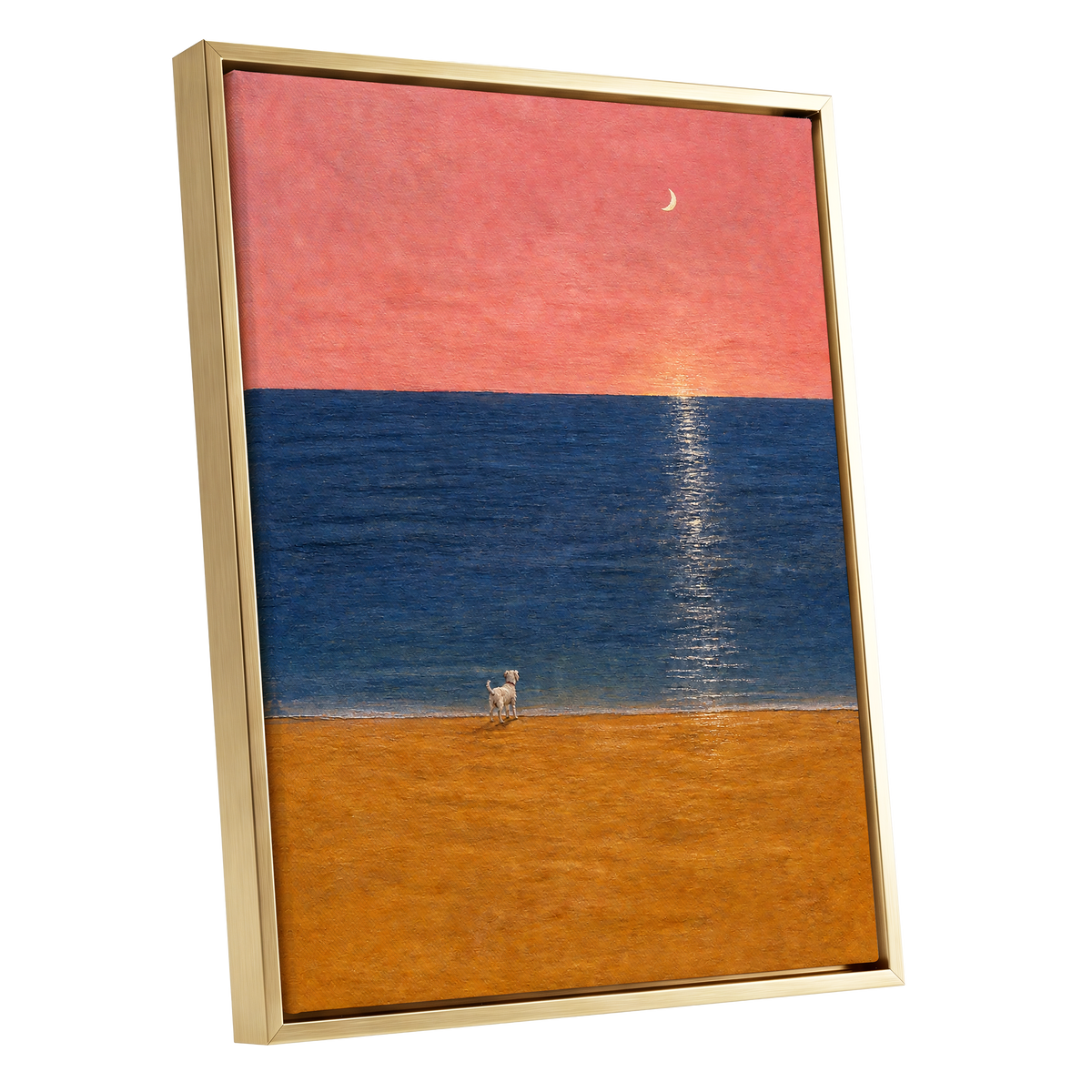 A Little Moonlit Wanderer, pink, blue, orange nature wall art shown as a gold framed canvas wall art