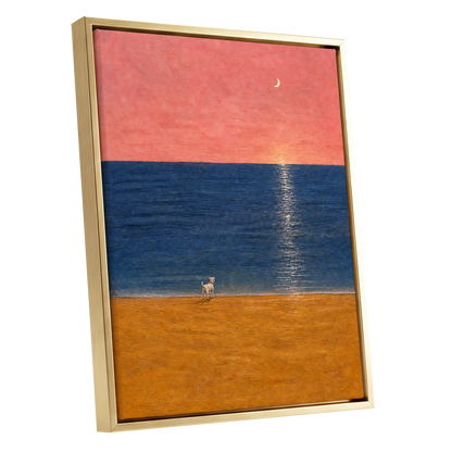 A Little Moonlit Wanderer, pink, blue, orange nature wall art shown as a gold framed canvas wall art