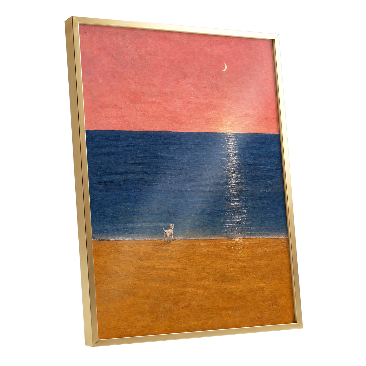 A Little Moonlit Wanderer, pink, blue, orange nature wall art shown as a gold framed poster wall art print