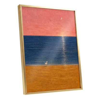 A Little Moonlit Wanderer, pink, blue, orange nature wall art shown as a gold framed poster wall art print