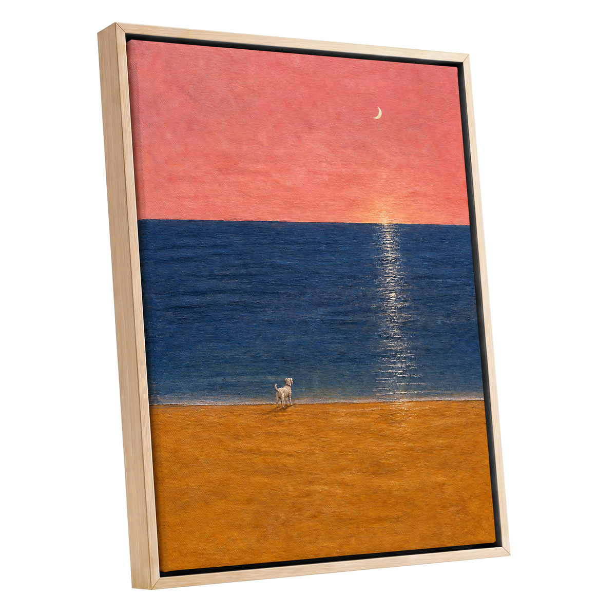 A Little Moonlit Wanderer, pink, blue, orange nature wall art shown as a oak framed canvas wall art